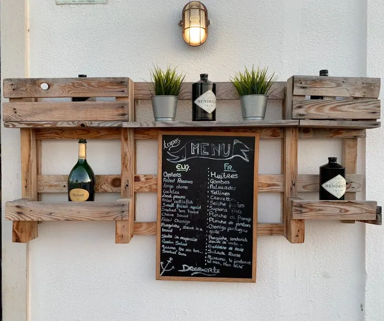 Outdoor cafe menu on a rustic wooden shelf with decor items in Muğla, Türkiye.