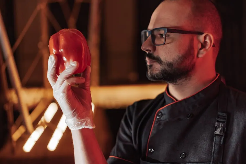 Chef examining a fresh bell pepper in a dimly lit kitchen setting, focusing on food quality.