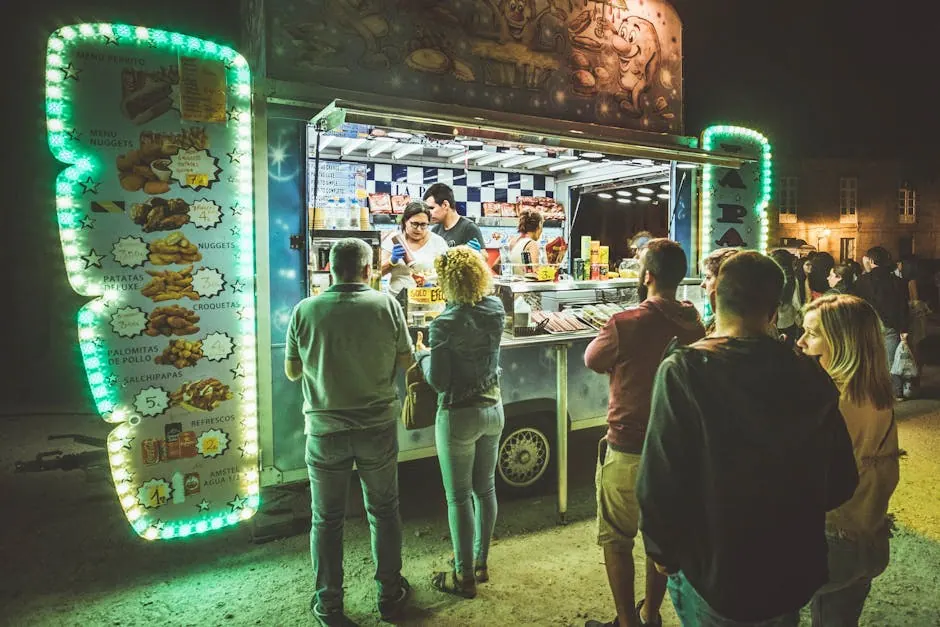 Een rij gasten bij een foodtruck